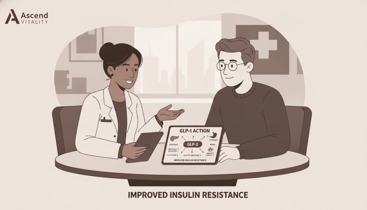 Healthcare provider discussing GLP-1 treatment options with a patient in a modern clinic setting, showing engaged conversation and medical charts