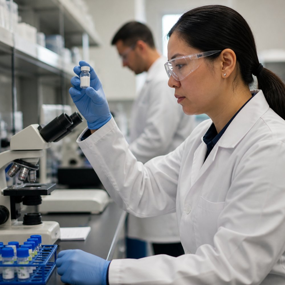 A researcher in a laboratory holding a vial of peptide compound, with a laptop displaying molecular structures in the background