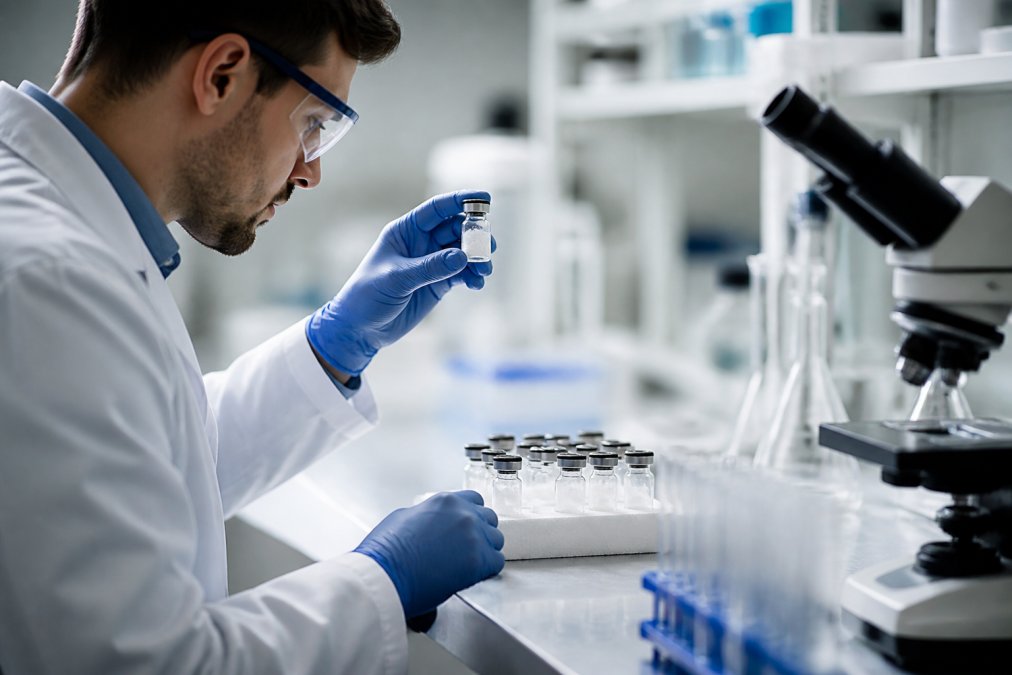 Researcher examining peptide compound vials in a laboratory setting with microscope and test tubes visible on a clean bench with blue gloves