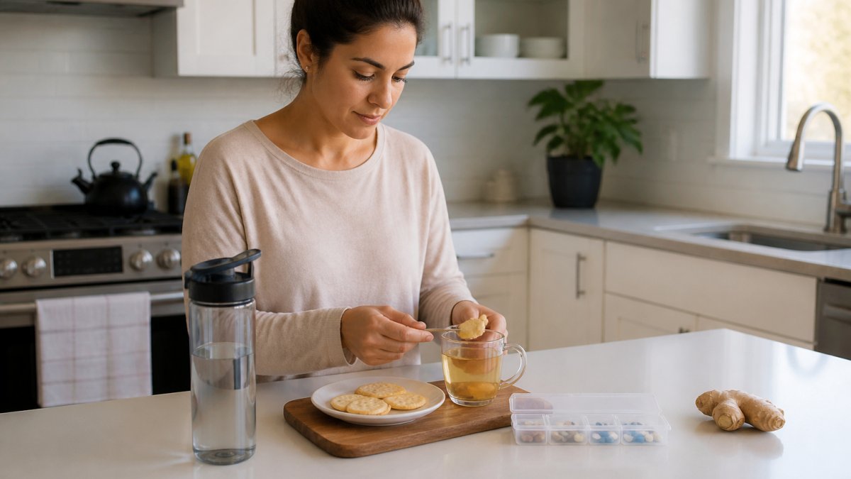 A woman in a bright kitchen preparing a small, bland meal of crackers and ginger tea, with a water bottle and medication organizer on the counter nearby