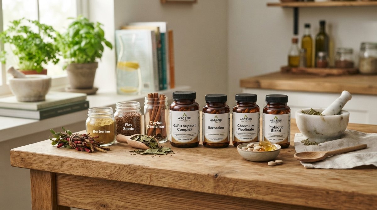 Close-up of natural supplement ingredients including berberine powder, turmeric root, fresh ginger, probiotic capsules, and green tea leaves arranged on a white marble surface with natural morning light