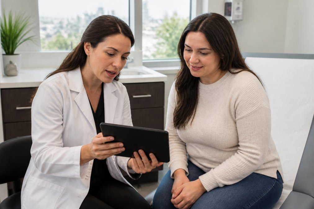 A physician in a white coat reviewing health data on a tablet with a patient in a bright modern clinic exam room