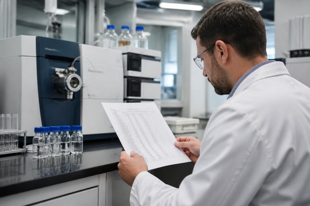A laboratory scientist in a white coat examining a printed Certificate of Analysis document at a lab bench, with glass vials and mass spectrometry equipment visible in the background under bright overhead lighting