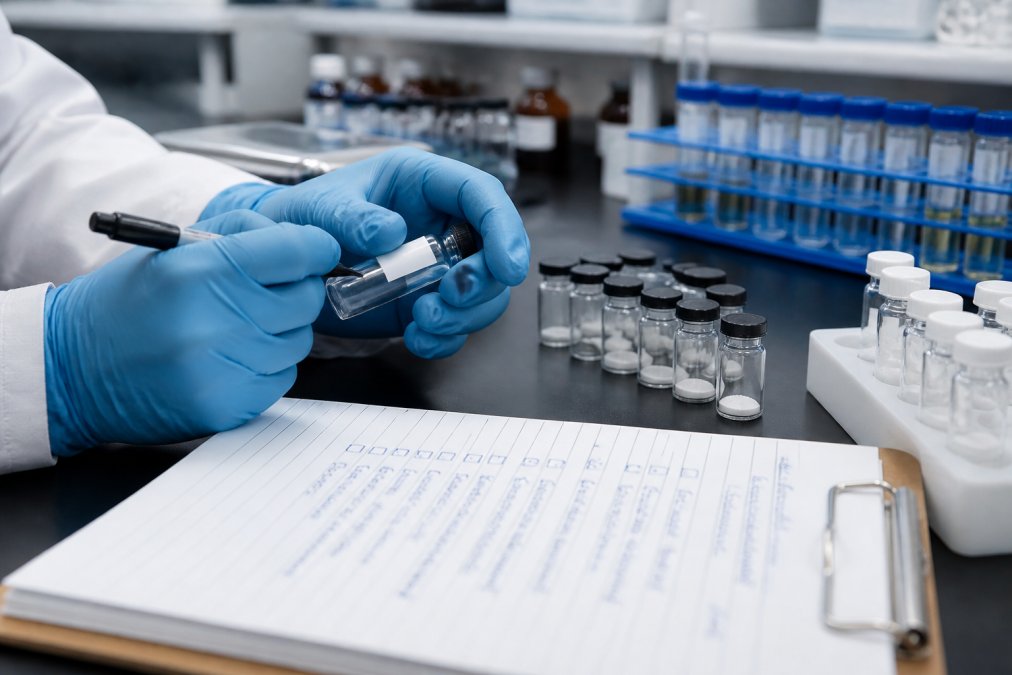Close-up of gloved hands carefully labeling small peptide vials on a clean laboratory surface, with a clipboard and handwritten checklist visible nearby under cool white laboratory lighting