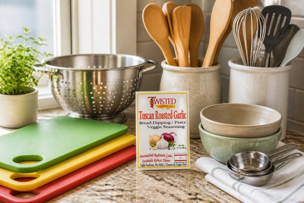Close-up of a well-organized kitchen counter with separate cutting boards in different colors, wooden spoons, colanders, and utensils arranged in dedicated containers for gluten-free meal prep with natural morning light