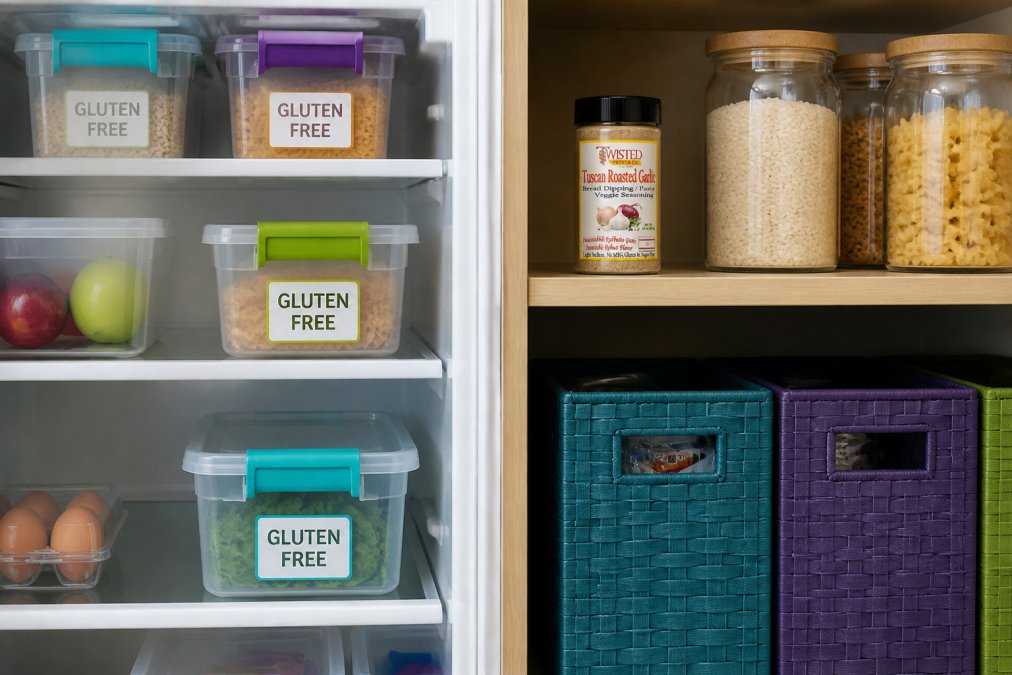 Interior view of a refrigerator and pantry showing clearly labeled gluten-free containers with color-coded storage bins, separate shelf organization, and organized ingredient storage with distinct separation from regular food items