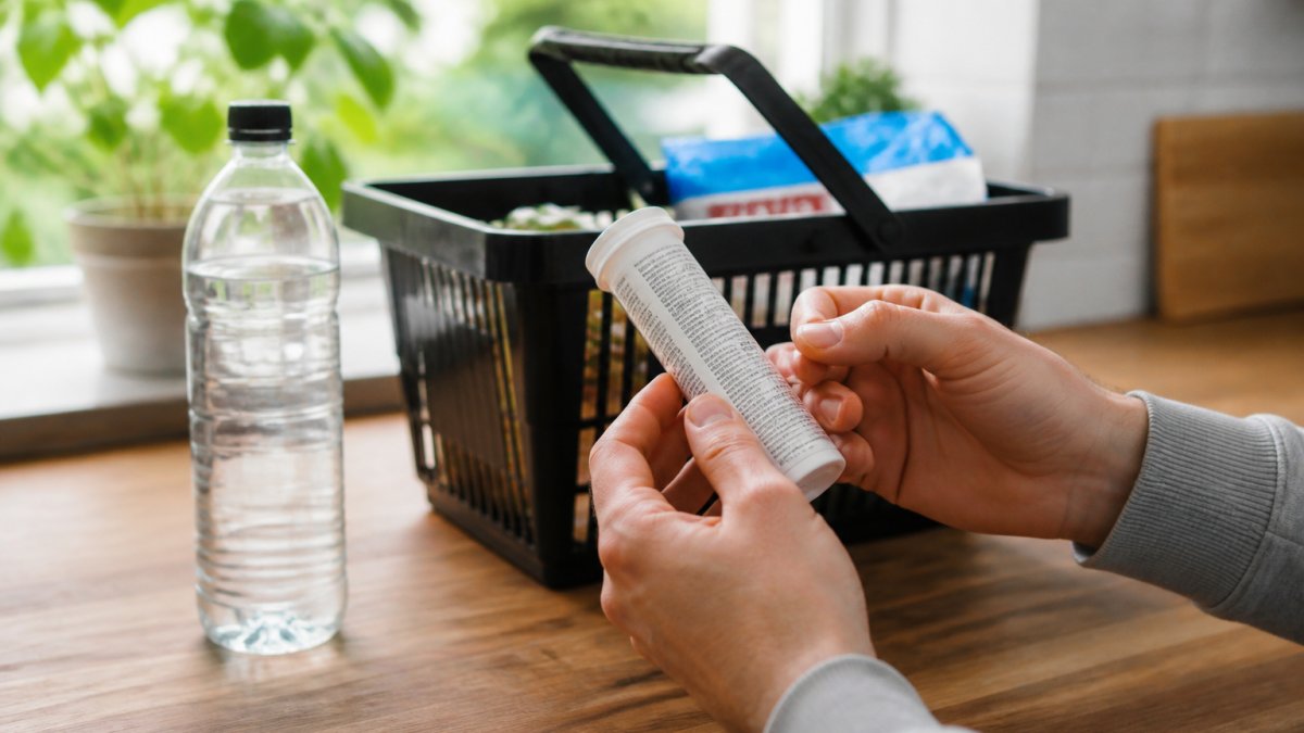 Hands reading the ingredients label on a supplement tube in a kitchen