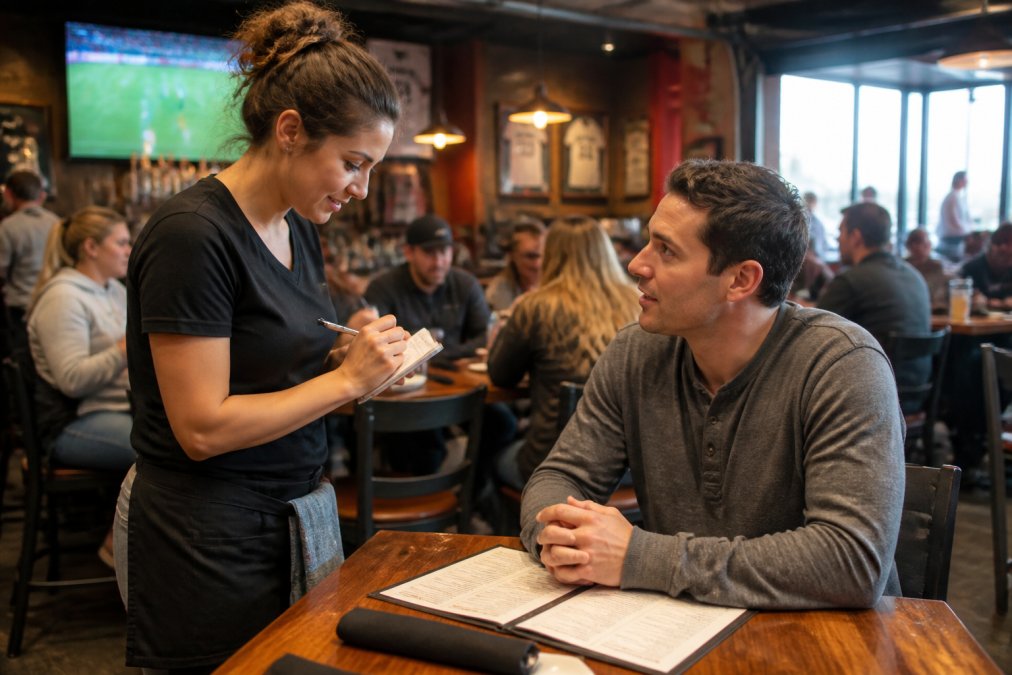 Server in casual restaurant attire writing down a customer's dietary request at a sports bar table with menu visible, warm ambient lighting
