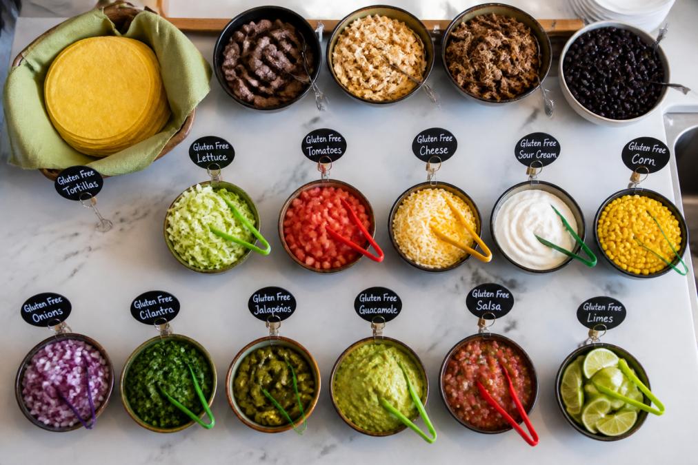 Well-organized gluten-free taco bar with labeled corn tortillas and fresh toppings in bowls on a kitchen counter