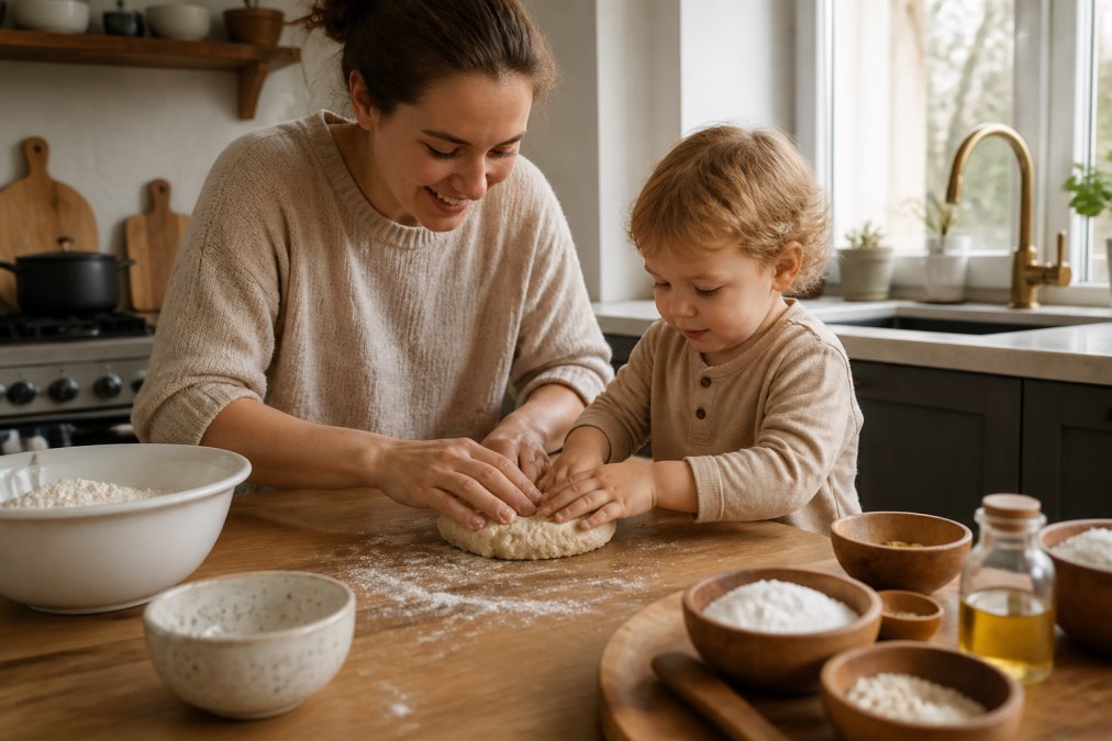Stappenplan met een ouder en kind die samen glutenvrije klei kneden aan een keukentafel met natuurlijke ingrediënten.