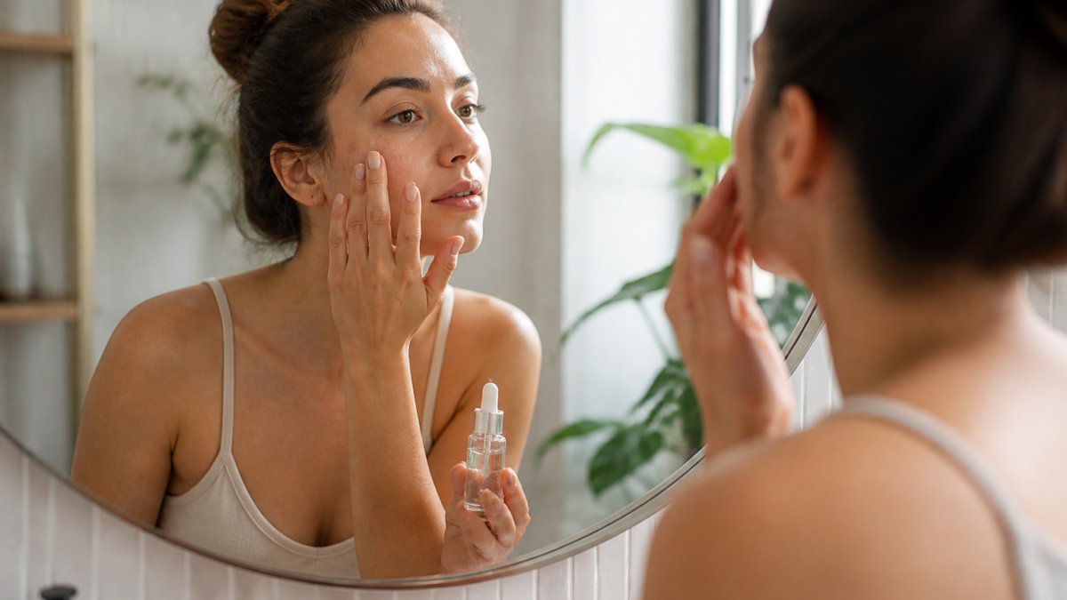 Person applying glycolic acid serum to face with fingertips, demonstrating proper application technique in natural morning light near a bathroom mirror