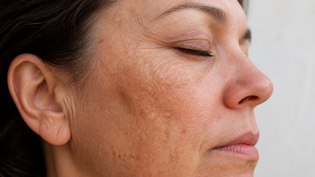 Close-up of a woman's face showing sun-damaged skin texture with visible hyperpigmentation, uneven tone, and fine lines before treatment in natural daylight