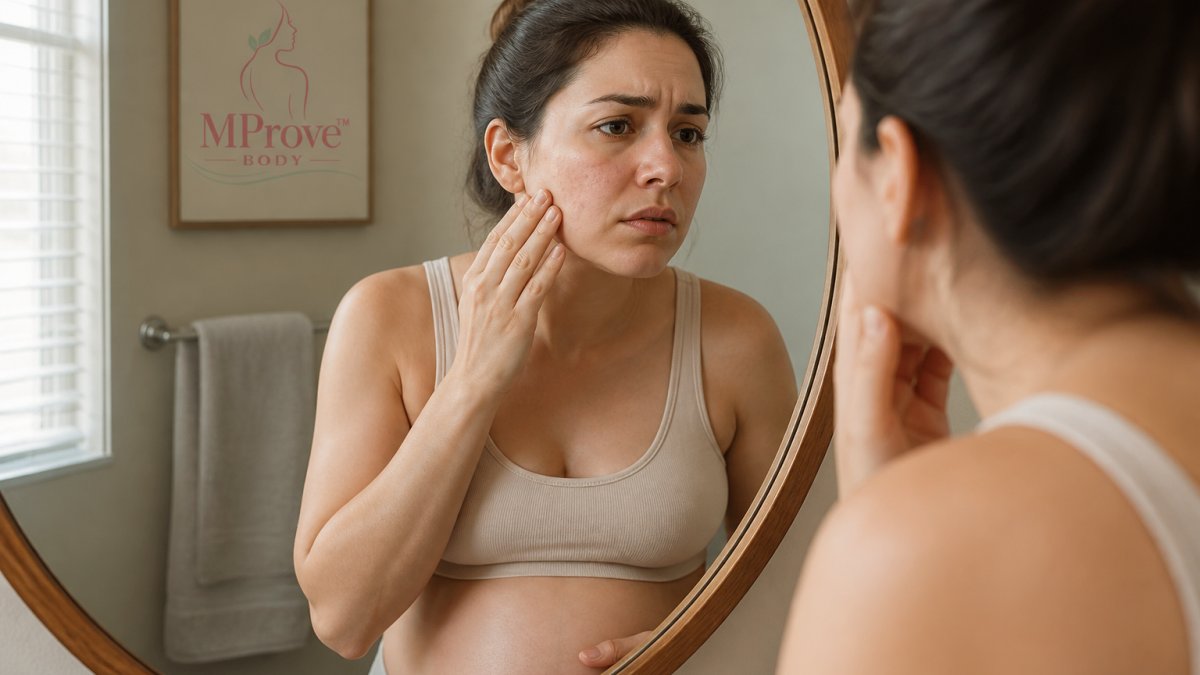 Infographic showing a step-by-step process for evaluating and treating pregnancy-related skin texture changes