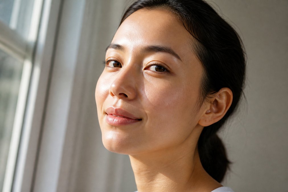 Close-up of person's face showing refined, smooth skin texture with even tone after chemical exfoliation treatment, natural morning light from window