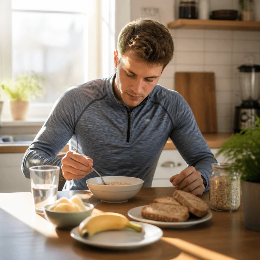 Ausdauersportler beim Frühstück mit Kohlenhydrat-reichen Lebensmitteln wie Haferflocken, Bananen und Vollkornbrot vor einem Wettkampf, helles Morgenlicht am Küchentisch