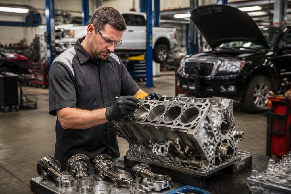 Certified technician inspecting a GM engine block in a service bay with genuine GM parts organized on the workbench, natural overhead lighting illuminating the internal components