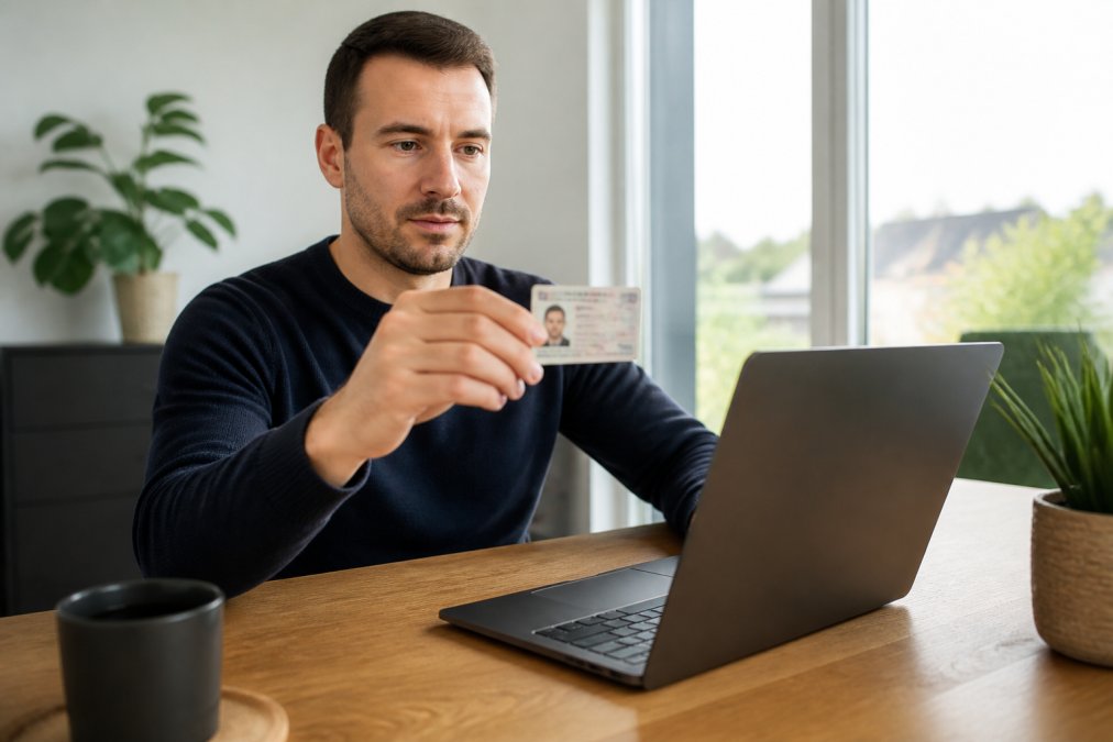 Person führt Video-Ident durch, hält Personalausweis vor die Webcam am Laptop, moderner Schreibtisch mit natürlicher Beleuchtung