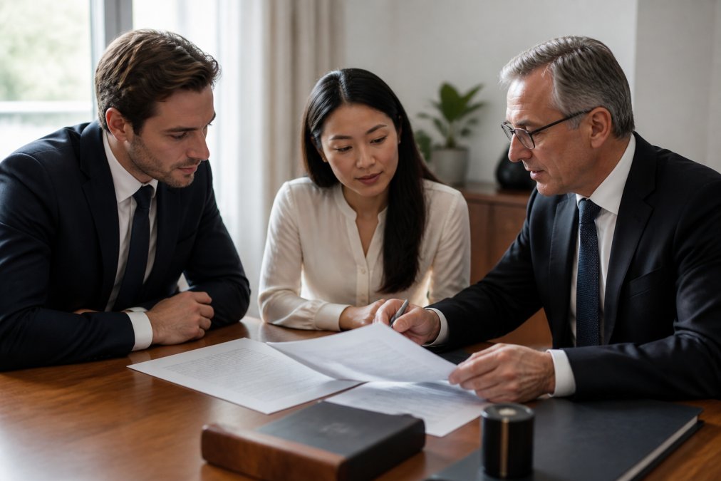 Professional business meeting with international entrepreneurs and a German notary or legal advisor reviewing GmbH formation documents at a desk with laptop and papers, natural office lighting
