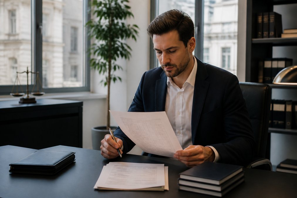 Business professional in a modern office setting reviewing banking documents and corporate structure details on a laptop screen with natural window lighting