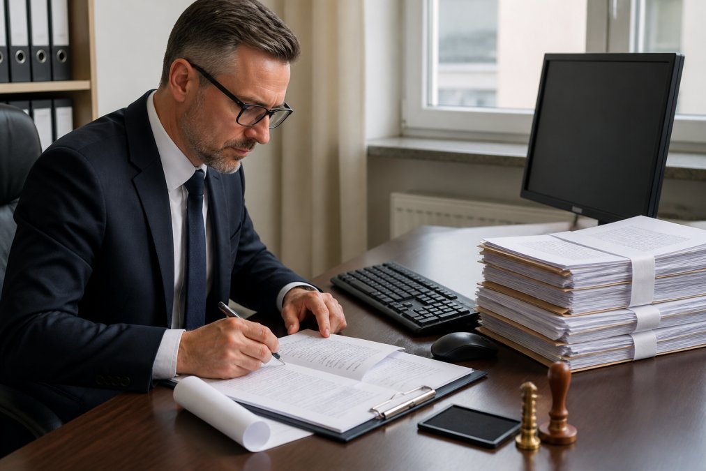 Professional entrepreneur at desk reviewing notarized incorporation documents and articles of association with pen in hand, organized files, and computer displaying commercial register interface in modern office