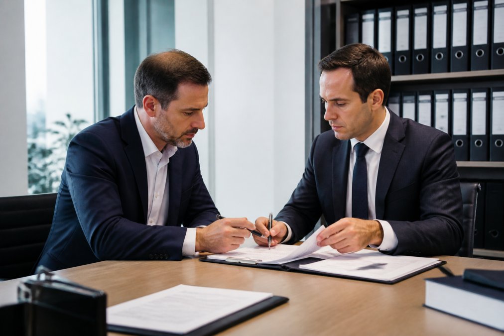 Geschäftsführer und Rechtsanwalt in modernem Büro bei Besprechung von GmbH-Dokumenten und Vollmachten an Schreibtisch mit Laptop und Verträgen