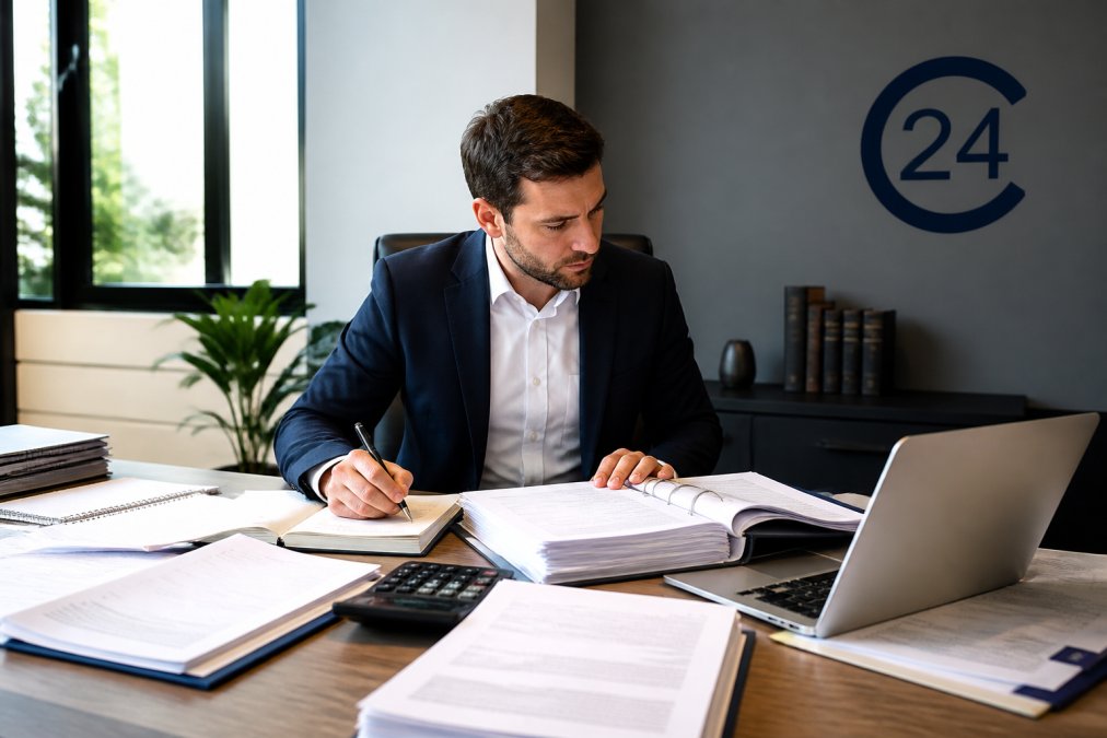 Geschäftsperson sitzt an modernem Schreibtisch mit aufgeschlagenen Gründungsdokumenten, Notizblöcken, Taschenrechner und Laptop, umgeben von Kostenpapieren und Verträgen in professionellem Büro mit natürlichem Licht
