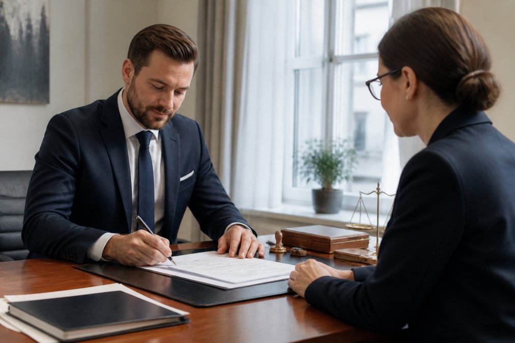 Professional entrepreneur signing incorporation documents at a desk with a notary or legal advisor seated across from them, official paperwork and pen visible, modern office setting with natural window light
