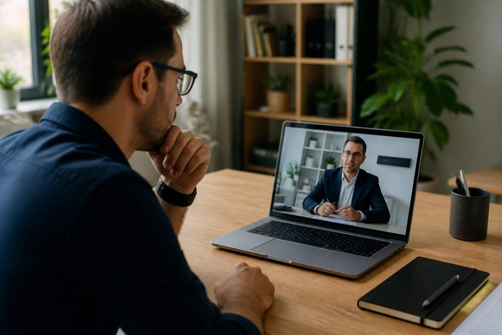 Professional entrepreneur working on a laptop with a video call window open, showing a legal consultation meeting with a notary or advisor on screen, modern home office setting with natural lighting
