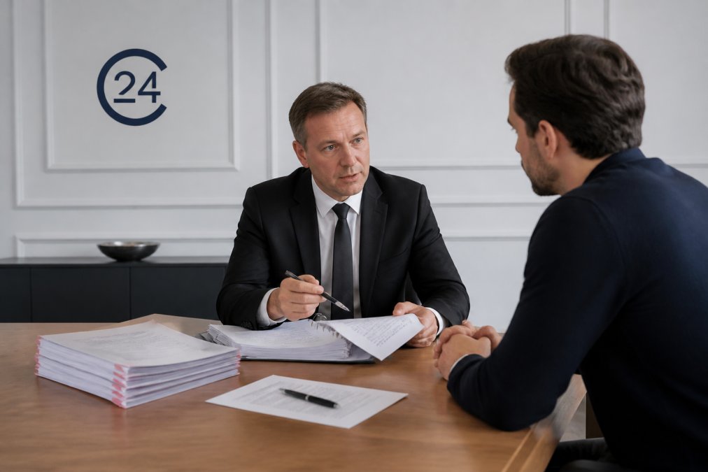 Ein Notar im schwarzen Anzug sitzt an einem großen Konferenztisch und erklärt einem Geschäftsführer die Unterschriftsreife von Löschungsunterlagen, daneben liegen Handelsregisterauszüge und ein Stift.