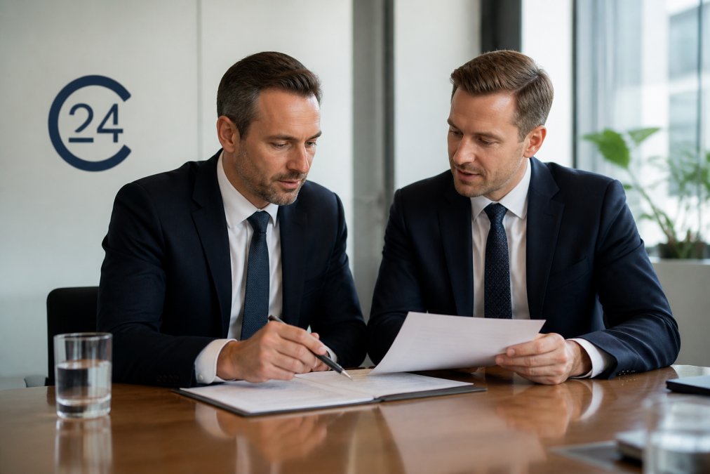 Zwei Geschäftspartner in dunklen Anzügen sitzen an einem Konferenztisch, prüfen Vertragsunterlagen und diskutieren mit ernsten Mienen in einem modernen, hellen Büro