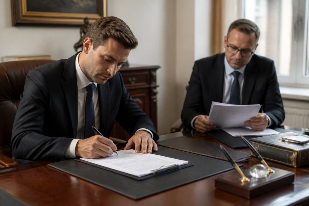 Ein Geschäftsmann in einem dunklen Anzug unterzeichnet Dokumente an einem hochwertigen Schreibtisch, im Hintergrund ein Notar, der die Papiere prüft, dezente und professionelle Büroatmosphäre