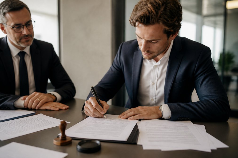 Professional at desk reviewing and signing formal GmbH registration documents with notary present in modern office setting, documents spread across desk with pen and official stamp visible