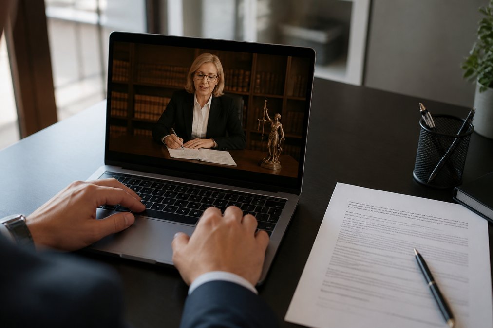 Close-up of hands using laptop with video call interface visible on screen, showing remote notary authentication session in progress with document on desk beside computer