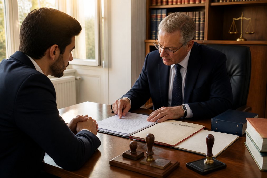 A notary reviewing legal documents with a foreign client for GmbH registration in a formal office.