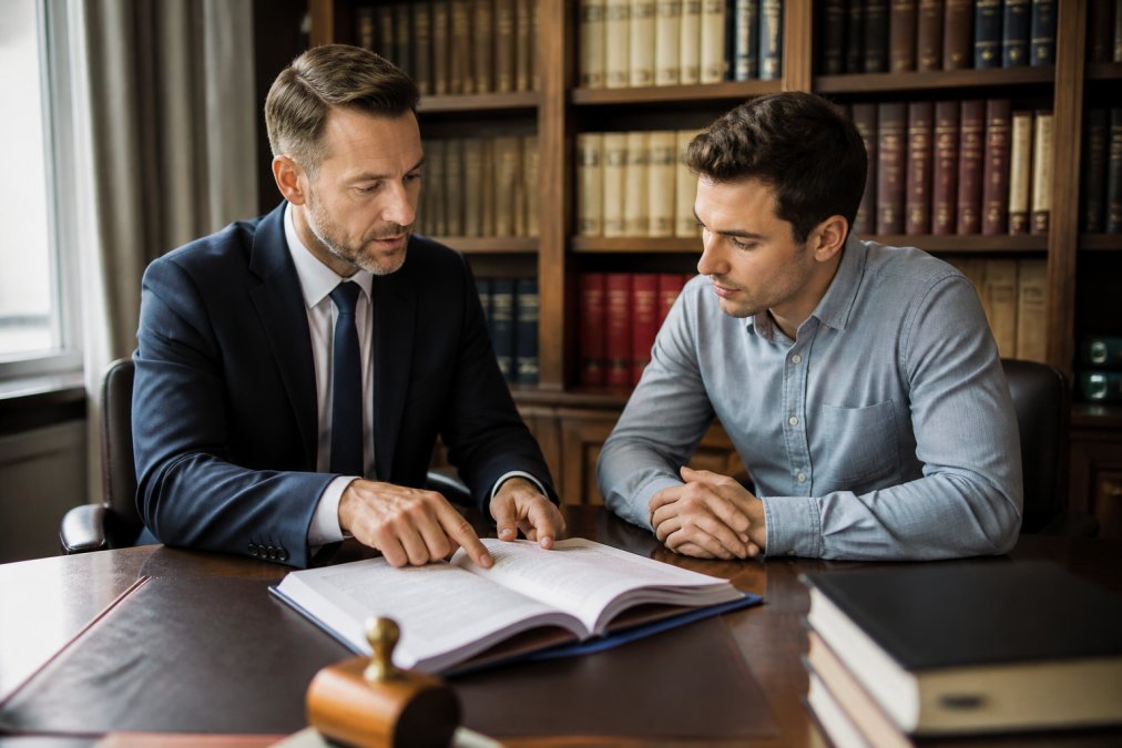 Notar und Mandant sitzen gemeinsam an einem großen Holzschreibtisch, der Notar erläutert eine Vertragsseite und zeigt mit dem Finger auf eine Klausel, professionelles Büroumfeld mit Bücherregalen im Hintergrund und warmem Bürolicht