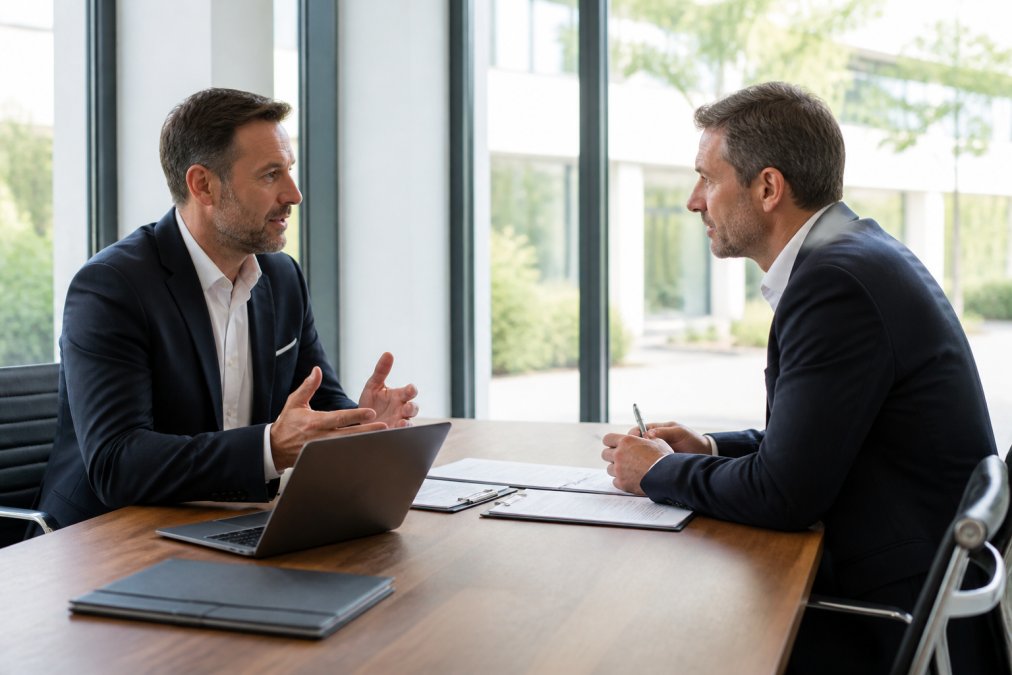 Zwei Geschäftsmänner sitzen sich an einem Konferenztisch gegenüber, zwischen ihnen liegen Verträge und ein Laptop, helles modernes Büro mit Fensterfront und natürlichem Licht