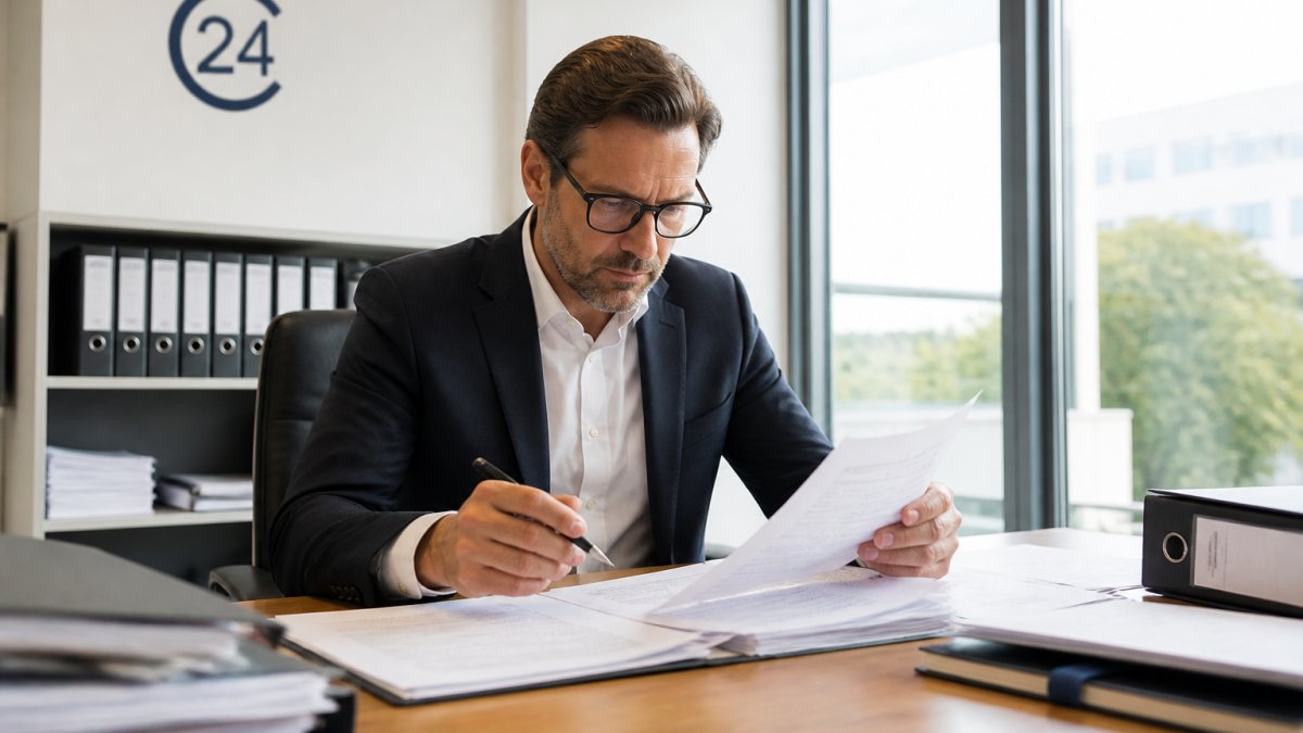 Geschäftsführer an modernem Schreibtisch, der konzentriert Verträge und Finanzunterlagen prüft, mit natürlichem Licht aus großem Fenster, professionelle Büroumgebung mit Ordnern und Dokumenten