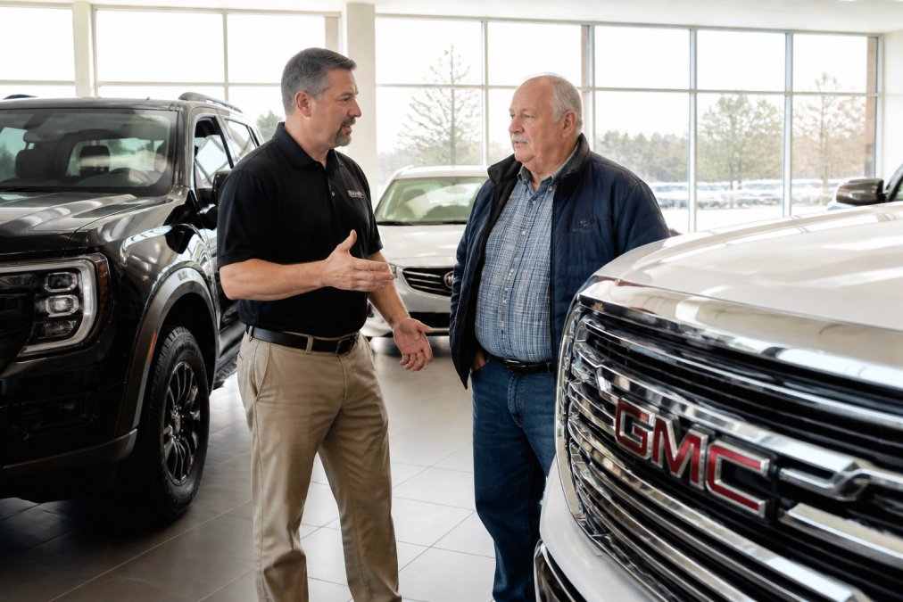 Professional salesman assisting a customer in a bright dealership showroom with new GMC trucks and Buick vehicles on display, natural lighting from large windows