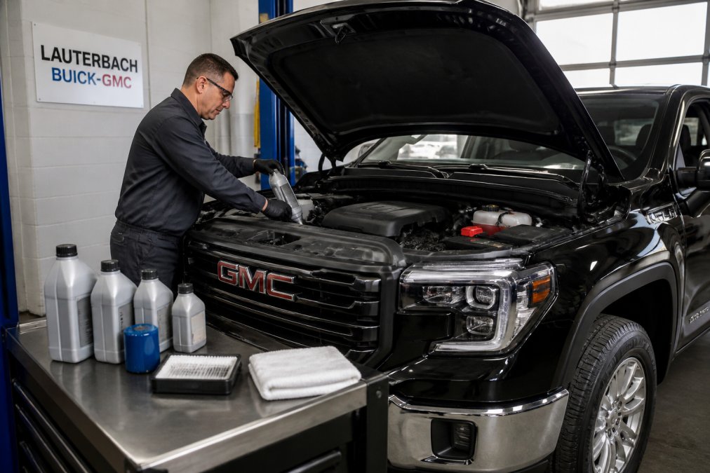 Certified technician performing an oil change on a 2026 GMC Sierra 1500 in a professional service bay, with genuine GM parts visible on the workbench and diagnostic equipment nearby