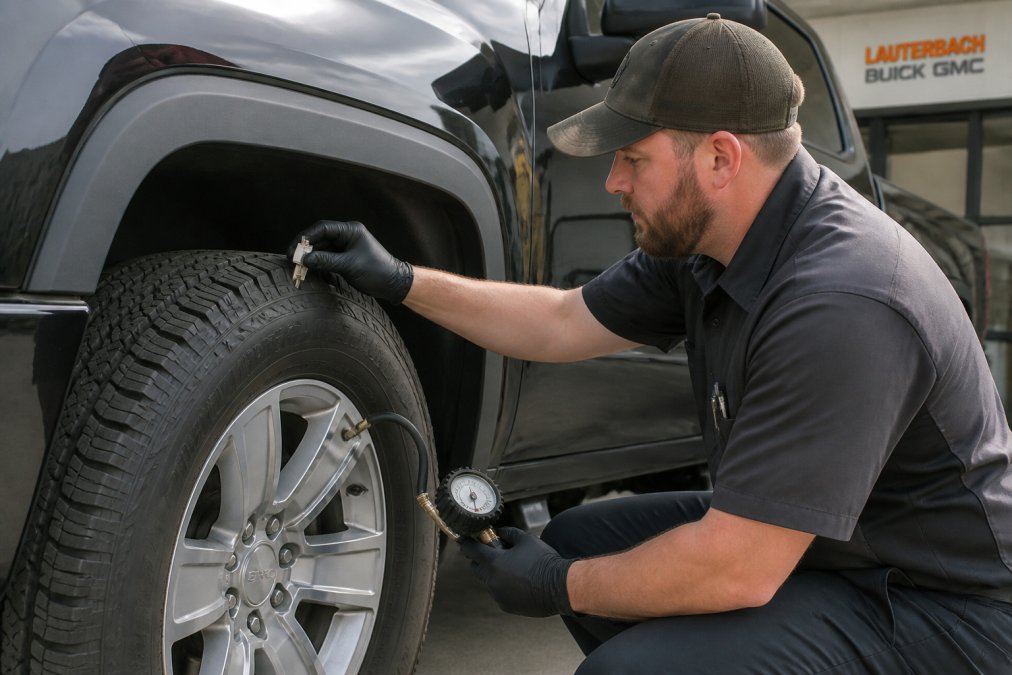 Close-up of a technician's hands checking tire tread depth and pressure on a GMC truck, with a pressure gauge and measurement tool in focus against the truck's wheel