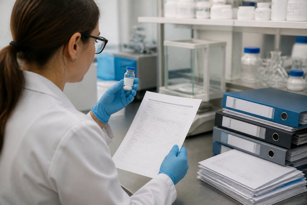 Researcher reviewing a Certificate of Analysis document while holding a labeled peptide vial in a controlled laboratory environment with organized documentation files visible on the workbench