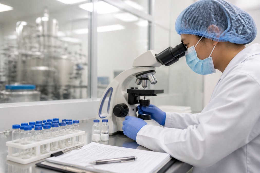 Laboratory technician examining peptide samples under a microscope with quality control documentation and analytical validation charts visible on the workbench in a modern GMP-certified facility