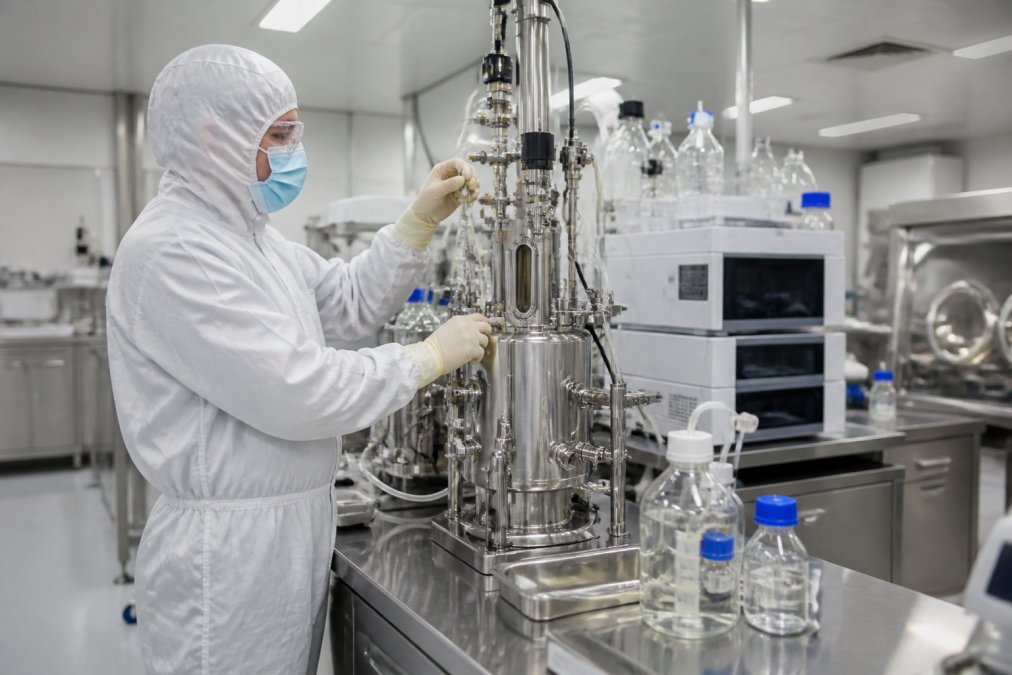 Laboratory technician in full sterile protective equipment working with peptide synthesis equipment in a modern cleanroom facility, with analytical instruments and monitoring displays visible in the background