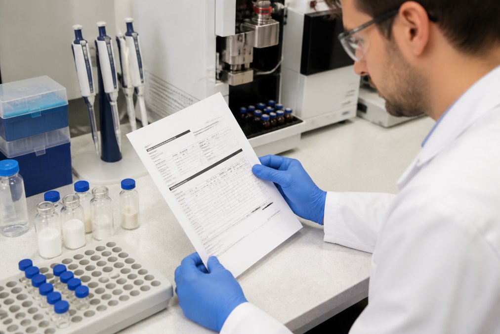 Researcher carefully examining a Certificate of Analysis document alongside peptide vials and laboratory testing equipment on a clean workbench, with analytical instruments visible in the background