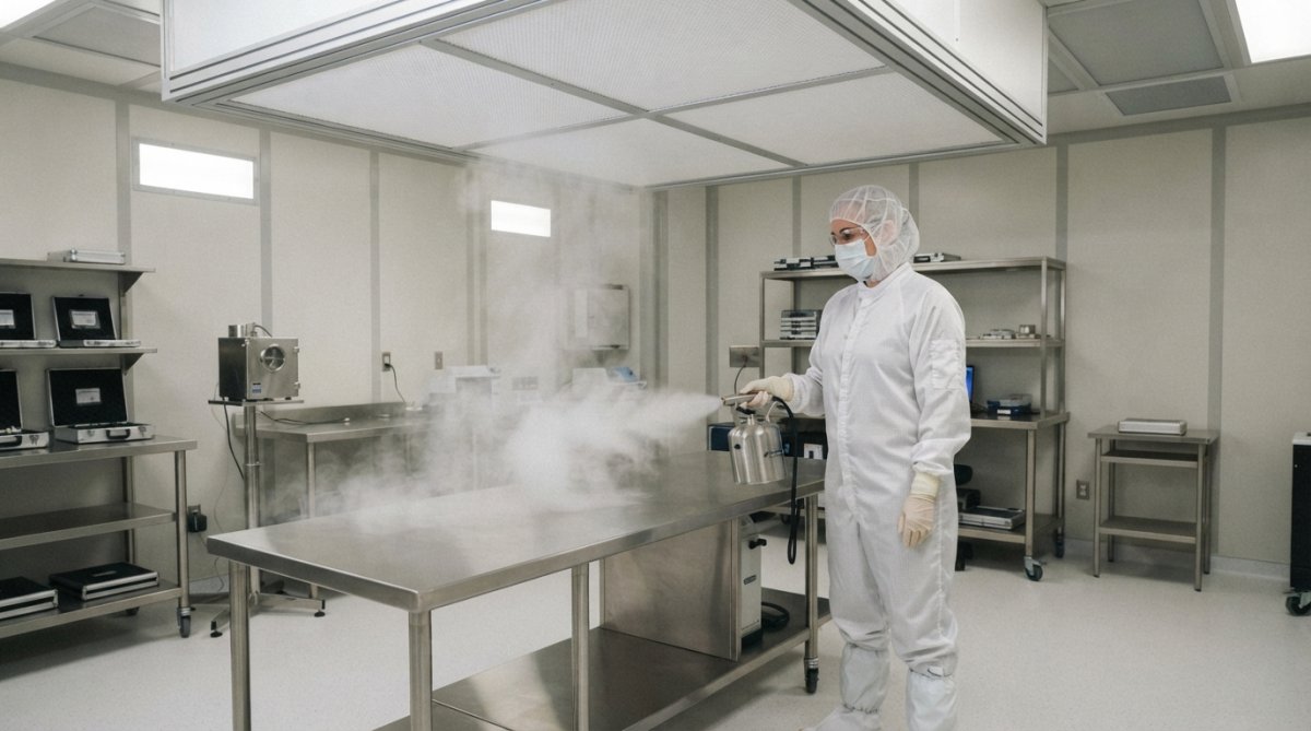 Technician conducting smoke study in cleanroom using handheld fogger to visualize laminar airflow patterns descending from ceiling-mounted HEPA filters
