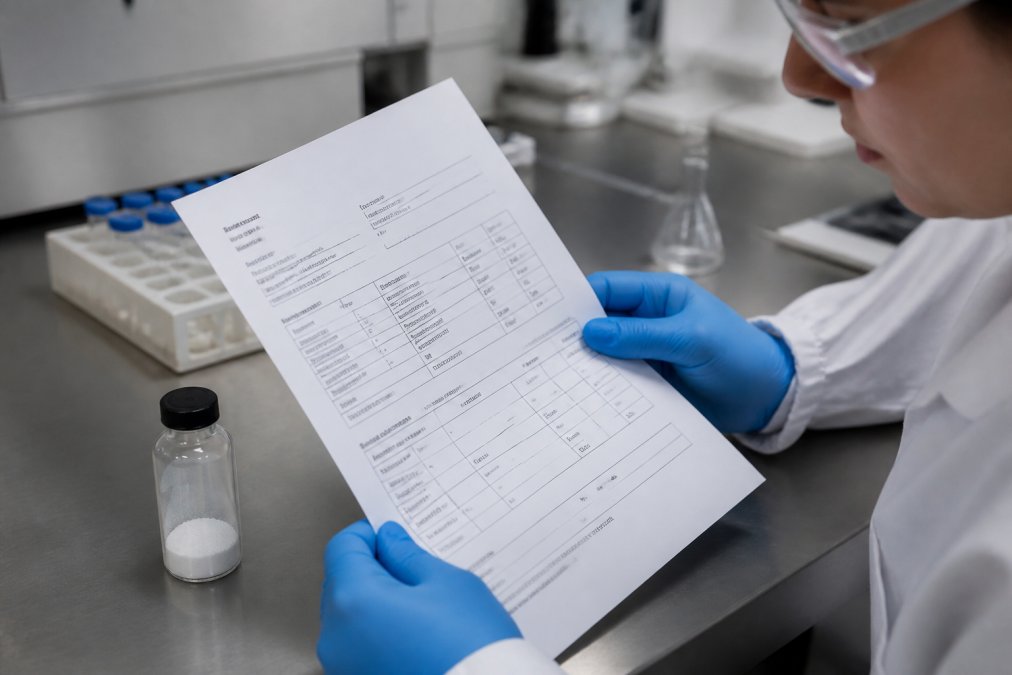 Lab technician reviewing a Certificate of Analysis for peptide bulk pricing next to a vial of lyophilized powder