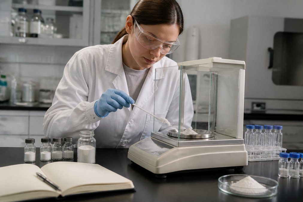 Scientist in a clean lab coat and safety glasses weighing a white peptide powder on a precision analytical balance in a temperature-controlled preformulation laboratory, with sample vials and a notebook visible on the bench