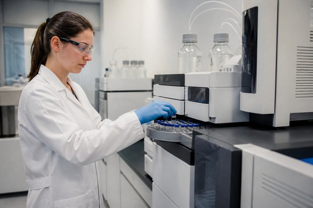 Laboratory technician in a white coat loading sample vials into an HPLC autosampler tray, computer monitor displaying chromatogram peaks in the background under cool fluorescent lighting