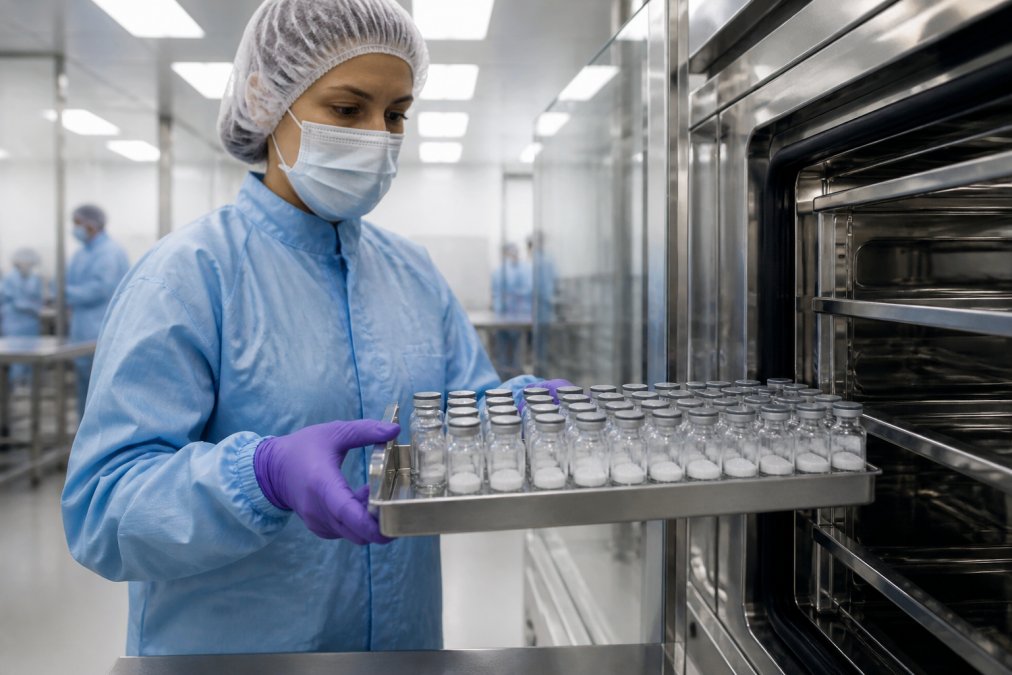 Scientist in a cleanroom handling vials of powder during peptide lyophilization