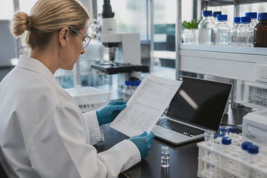 Scientist reviewing a Certificate of Analysis in a lab to ensure peptide regulatory compliance